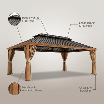 14 Ft. X 22 Ft. Double Galvanized Steel Roof Aluminum Wood-Looking Frame Outdoor Patio Hardtop Gazeb