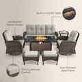 7 Piece Outdoor Patio Furniture Set, Patio Furniture Set with Fire Pit Table Rattan Wicker Patio Furniture Set, Brown Wicker & Beige Cushion
