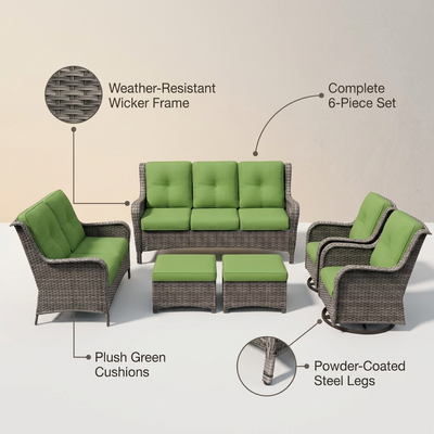 Patio Furniture Set 6-Piece Outdoor Patio Conversation Set with Green Cushions Lawn Furniture