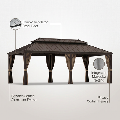 12 Ft. X 22 Ft. Double Galvanized Steel Roof Aluminum Frame Outdoor Patio Hardtop Gazebo with Netting and Curtains