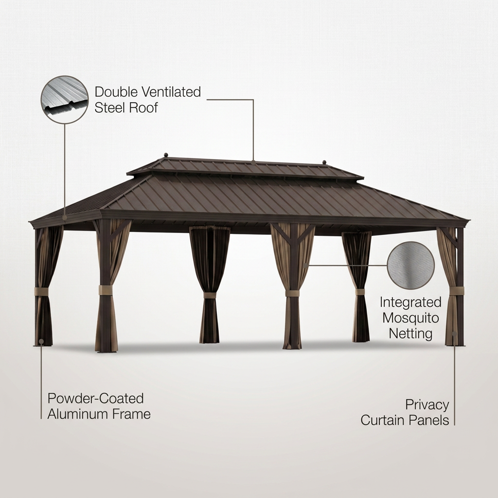 12 Ft. X 22 Ft. Double Galvanized Steel Roof Aluminum Frame Outdoor Patio Hardtop Gazebo with Netting and Curtains — Lifestyle