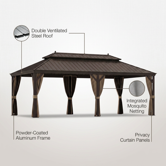 12 Ft. X 22 Ft. Double Galvanized Steel Roof Aluminum Frame Outdoor Patio Hardtop Gazebo with Netting and Curtains — Lifestyle
