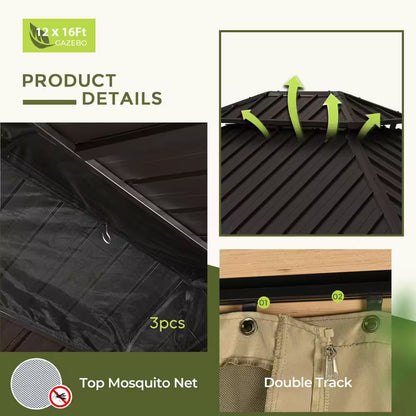 12 Ft. X 16 Ft. Double Roof Hardtop Wood Grain Aluminum Patio Gazebo with Netting and Khaki Curtains
