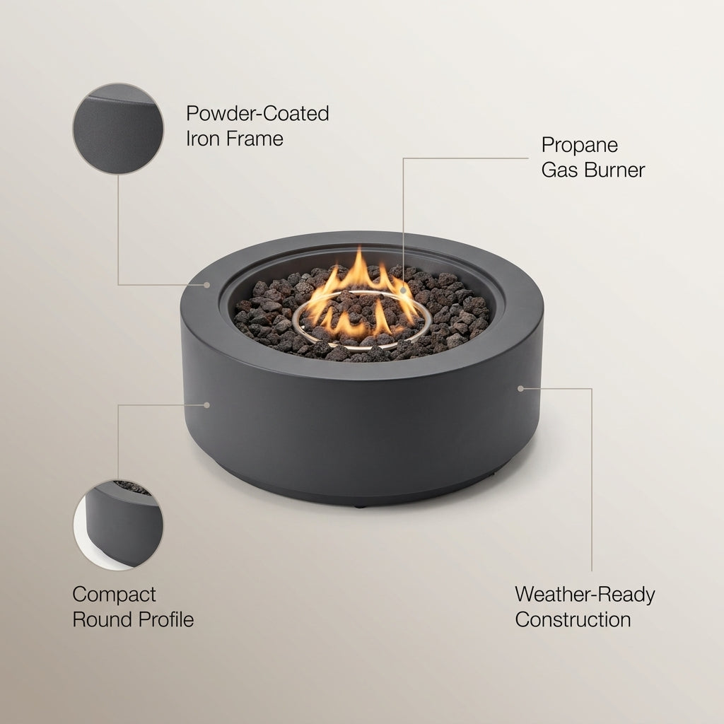 32 In. W X 13.5 In. H Iron Propane Gas Burning round Outdoor Patio Fire Pit in Dark Grey — Lifestyle
