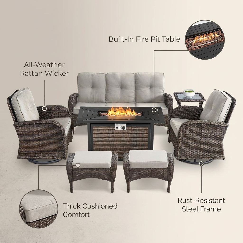 7 Piece Outdoor Patio Furniture Set, Patio Furniture Set with Fire Pit Table Rattan Wicker Patio Furniture Set, Brown Wicker & Beige Cushion — Lifestyle