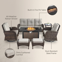 7 Piece Outdoor Patio Furniture Set, Patio Furniture Set with Fire Pit Table Rattan Wicker Patio Furniture Set, Brown Wicker & Beige Cushion — Lifestyle