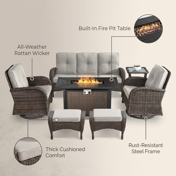 7 Piece Outdoor Patio Furniture Set, Patio Furniture Set with Fire Pit Table Rattan Wicker Patio Furniture Set, Brown Wicker & Beige Cushion — Lifestyle
