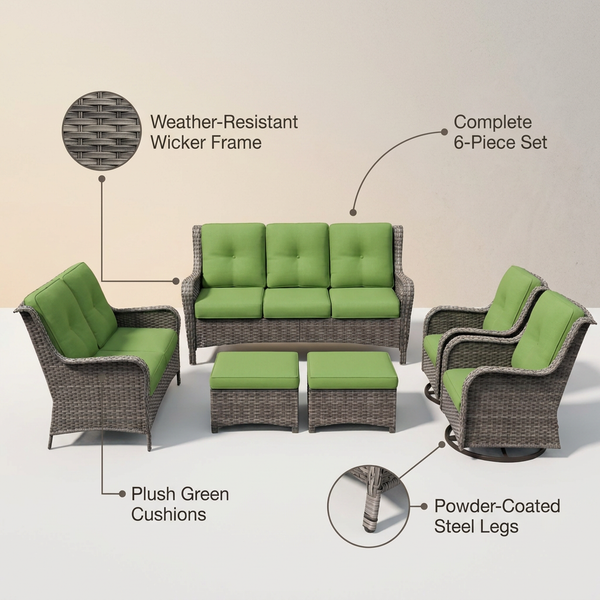 Patio Furniture Set 6-Piece Outdoor Patio Conversation Set with Green Cushions Lawn Furniture — Lifestyle
