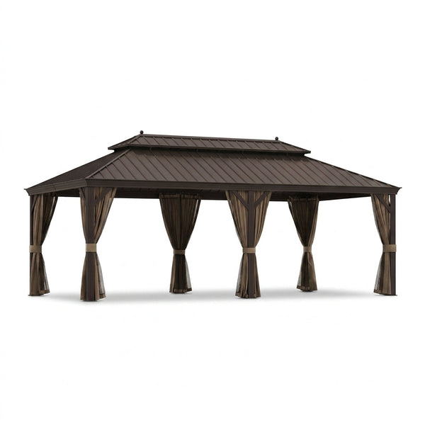 12 Ft. X 22 Ft. Double Galvanized Steel Roof Aluminum Frame Outdoor Patio Hardtop Gazebo with Netting and Curtains