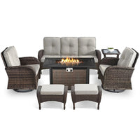 7 Piece Outdoor Patio Furniture Set, Patio Furniture Set with Fire Pit Table Rattan Wicker Patio Furniture Set, Brown Wicker & Beige Cushion — Studio Shot