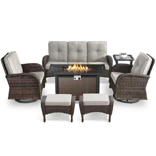 7 Piece Outdoor Patio Furniture Set, Patio Furniture Set with Fire Pit Table Rattan Wicker Patio Furniture Set, Brown Wicker & Beige Cushion