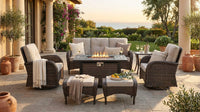7 Piece Outdoor Patio Furniture Set, Patio Furniture Set with Fire Pit Table Rattan Wicker Patio Furniture Set, Brown Wicker & Beige Cushion — Lifestyle